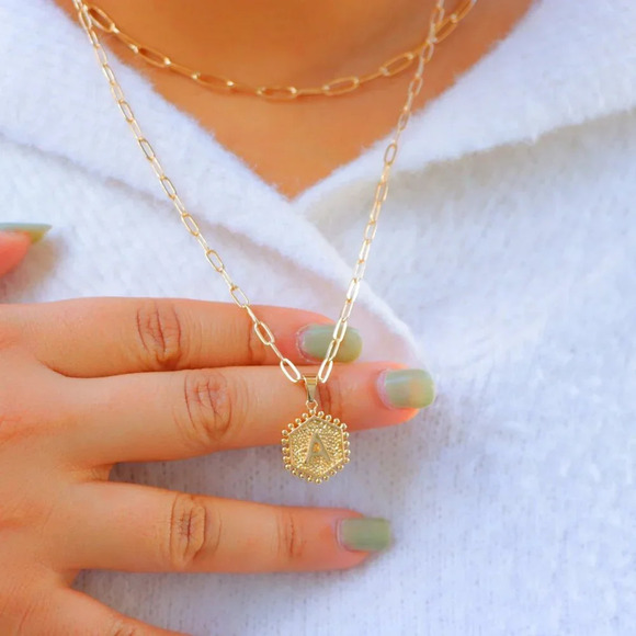 2 LAYER GOLD LETTER INITIAL COIN HEXAGONAL PENDANT DAINTY NECKLACE, ELDM22335 - Picture 1 of 13